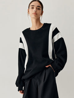 Damen Pullover mit Rundhalsausschnitt und Streifendetail an den Ärmeln in Schwarz