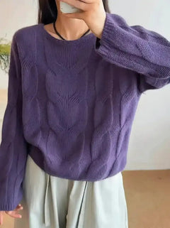 Damen Pullover mit Rundhalsausschnitt vertikalem Zopfmuster langen Ärmeln und gerippten Bündchen in Dunkellila