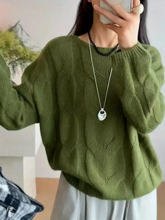 Damen Pullover mit Rundhalsausschnitt vertikalem Zopfmuster langen Ärmeln und gerippten Bündchen in Grün