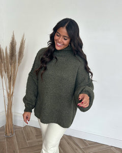 Damen Pullover mit Stehkragen Ballonärmeln und strukturierten Bündchen in Grün