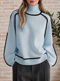 Sophie | Damen Rollkragen Oversized Strick Sweater mit Kontraststreifen in Blau