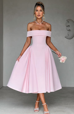 Damen Schulterfreies Midikleid mit gefaltetem Halsausschnitt und ausgestelltem Rock in Rosa