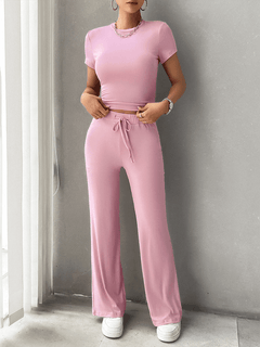 Damen Set für Frauen mit kurzen Ärmeln weitem Hosenbein und Kordelzug in Rosa