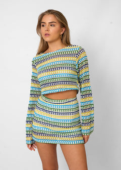 Damen Set für Frauen mit Mehrfarbigem Muster Crop-Top langen Ärmeln und Mini-Rock in Blau