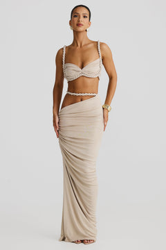 Damen Set mit Bustier-Oberteil und Maxirock mit geflochtenen Trägern und seitlicher Raffung in Aprikose