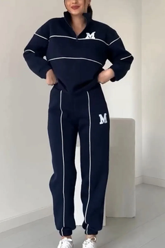 Damen Set mit Halbreißverschluss-Pullover und Jogginghose mit Kontraststreifen in Blau