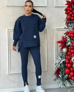 Damen Set mit Rundhals-Pullover und Leggings mit Kängurutasche in Dunkelblau