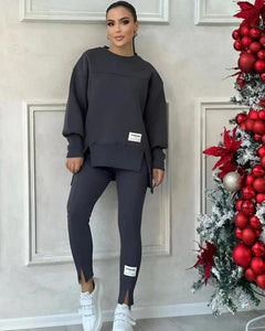 Damen Set mit Rundhals-Pullover und Leggings mit Kängurutasche in Dunkelgrau