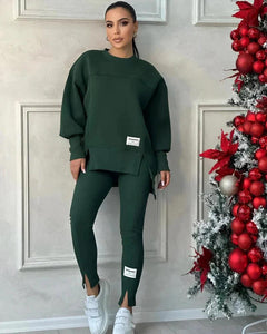 Damen Set mit Rundhals-Pullover und Leggings mit Kängurutasche in Dunkelgrün
