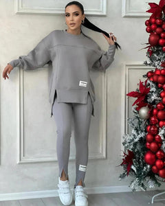 Damen Set mit Rundhals-Pullover und Leggings mit Kängurutasche in Grau