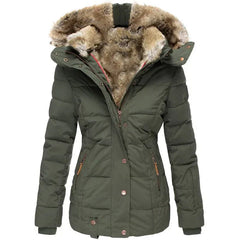 Damen Steppjacke mit Kunstfell-Kapuze und Reißverschluss in Grün
