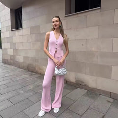 Damen Strick Set mit Ärmelloser Weste und Weitem Hosenbein in Hellrosa