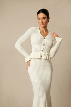 Damen Strick-Set mit V-Ausschnitt Peplum-Saum und Langen Ärmeln in Weiß
