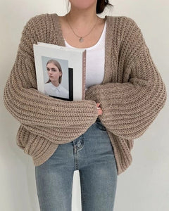 Damen Strickjacke mit offener Front langen Ärmeln und Grobstrickoberfläche in Khaki