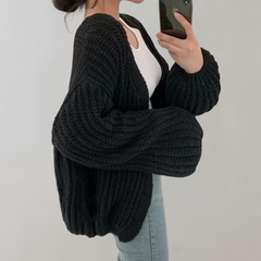 Damen Strickjacke mit offener Front langen Ärmeln und Grobstrickoberfläche in Schwarz