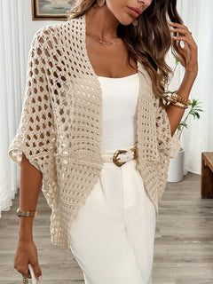 Damen Strickjacke mit Offener Front Weiten Ärmeln und Lochmuster in Beige