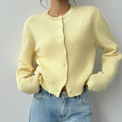 Damen Strickjacke mit Rundausschnitt Durchgehender Knopfleiste Langen Ärmeln mit Rippbündchen auf Taillenlänge in Gelb