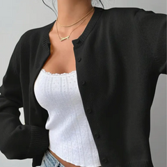 Damen Strickjacke mit Rundausschnitt Durchgehender Knopfleiste Langen Ärmeln mit Rippbündchen auf Taillenlänge in Schwarz