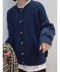 Damen Strickjacke mit Rundhalsausschnitt Knopfverschluss Ballonärmeln und Strukturmuster in Marineblau