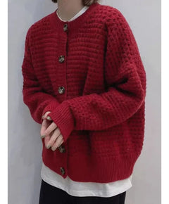 Damen Strickjacke mit Rundhalsausschnitt Knopfverschluss Ballonärmeln und Strukturmuster in Rot