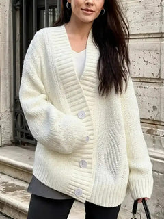 Damen Strickjacke mit V-Ausschnitt Knopfleiste und Strukturiertem Strickmuster in Weiß