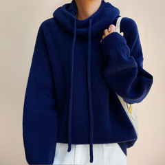Damen Strickpullover mit hohem Kragen und Kordelzug in Blau