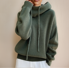 Damen Strickpullover mit hohem Kragen und Kordelzug in Grün