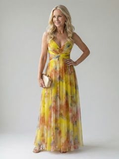 Damen Trägerkleid Maxi Kleid mit Kreuzausschnitt und Aquarelldruck in Gelb