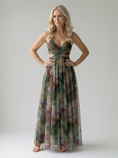 Damen Trägerkleid Maxi Kleid mit Kreuzausschnitt und Aquarelldruck in Grün