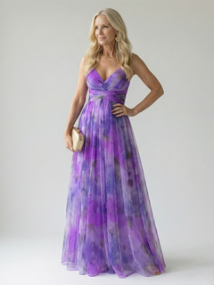Damen Trägerkleid Maxi Kleid mit Kreuzausschnitt und Aquarelldruck in Lila