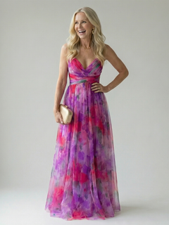 Damen Trägerkleid Maxi Kleid mit Kreuzausschnitt und Aquarelldruck in Magenta