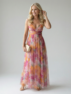 Damen Trägerkleid Maxi Kleid mit Kreuzausschnitt und Aquarelldruck in Rosa