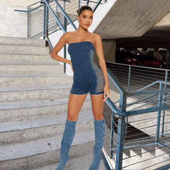 Damen Trägerloser Denim-Jumpsuit mit Seitlichen Fransen-Aussparungen und Reißverschluss in Blau