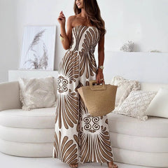 Damen Trägerloser Jumpsuit mit Weitem Bein und Abstraktem Druckmuster in Khaki