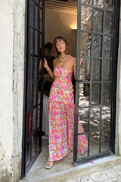 Damen Trägerloses Maxikleid mit abgesenkter Taille und Blumenmuster in Rosa