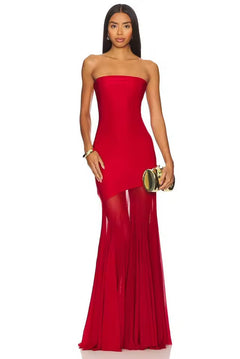 Damen Trägerloses Maxikleid mit asymmetrischem durchsichtigem Einsatz und ausgestelltem Saum in Rot
