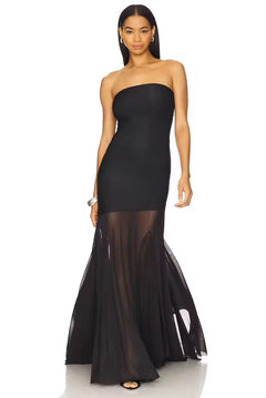 Damen Trägerloses Maxikleid mit asymmetrischem durchsichtigem Einsatz und ausgestelltem Saum in Schwarz