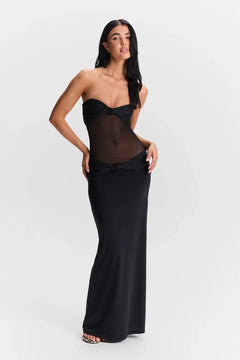 Damen Trägerloses Maxikleid mit Knotenverzierungen und transparentem Mesh-Einsatz in Schwarz