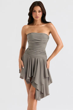 Damen Trägerloses Minikleid mit Raffung asymmetrischem Saum und Volantrock in Grau