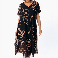 Damen V-Ausschnitt Midi Kleid mit Flattersärmeln und Schleifen-Druck in Schwarz