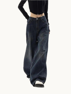 Damen Weite Hose aus Denim mit Mittlerer Bundhöhe Knopfverschluss und Vordertaschen in Dunkelblau
