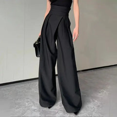 Damen Weite Hose mit Hohem Bund Gekreuztem Bundband und Bundfalten in Schwarz