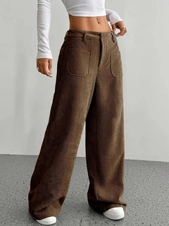 Damen Weite Hose mit Hohem Bund Knopfverschluss und Aufgesetzten Taschen in Braun