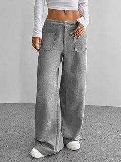 Damen Weite Hose mit Hohem Bund Knopfverschluss und Aufgesetzten Taschen in Grau