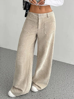 Damen Weite Hose mit Hohem Bund Knopfverschluss und Aufgesetzten Taschen in Khaki