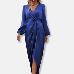 Damen Wickelkleid mit V-Ausschnitt und Ballonärmeln in Blau