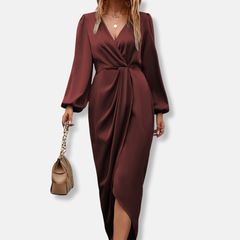 Damen Wickelkleid mit V-Ausschnitt und Ballonärmeln in Burgund