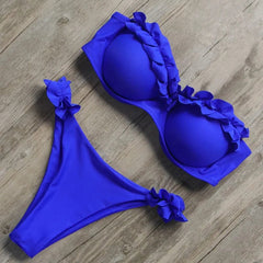Damen Zweiteiliger Bikini mit Trägerlosem Oberteil Volants und Bindung am Rücken in Blau