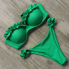 Damen Zweiteiliger Bikini mit Trägerlosem Oberteil Volants und Bindung am Rücken in Grün