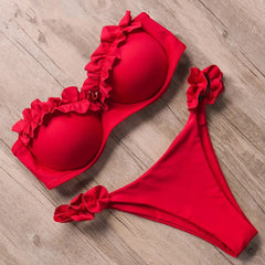 Damen Zweiteiliger Bikini mit Trägerlosem Oberteil Volants und Bindung am Rücken in Rot